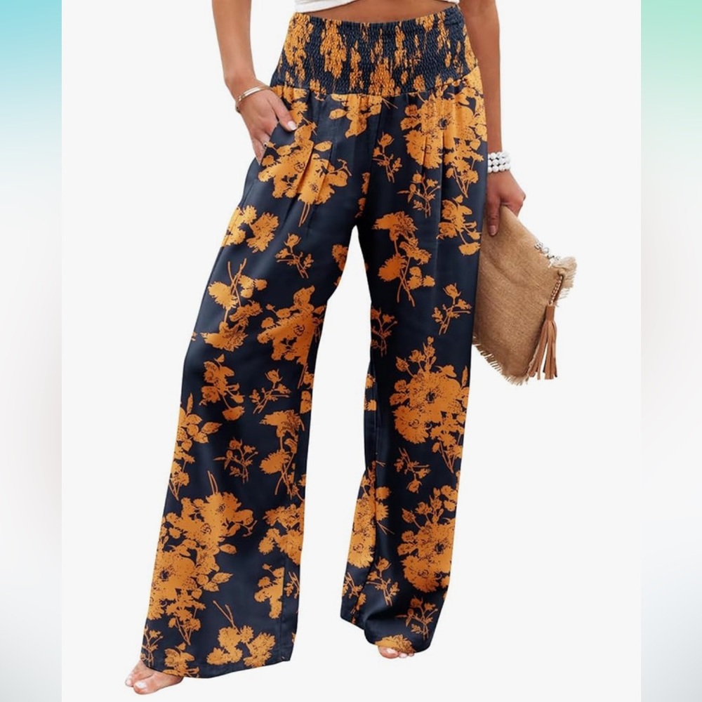 Navy and Orange Floral Palazzo Pants - Picture 3 of 10